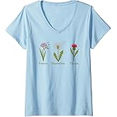 Womens Vintage Subtle Flowers Freesia Dandelion Thistle Shirt Women V-Neck T-Shirt