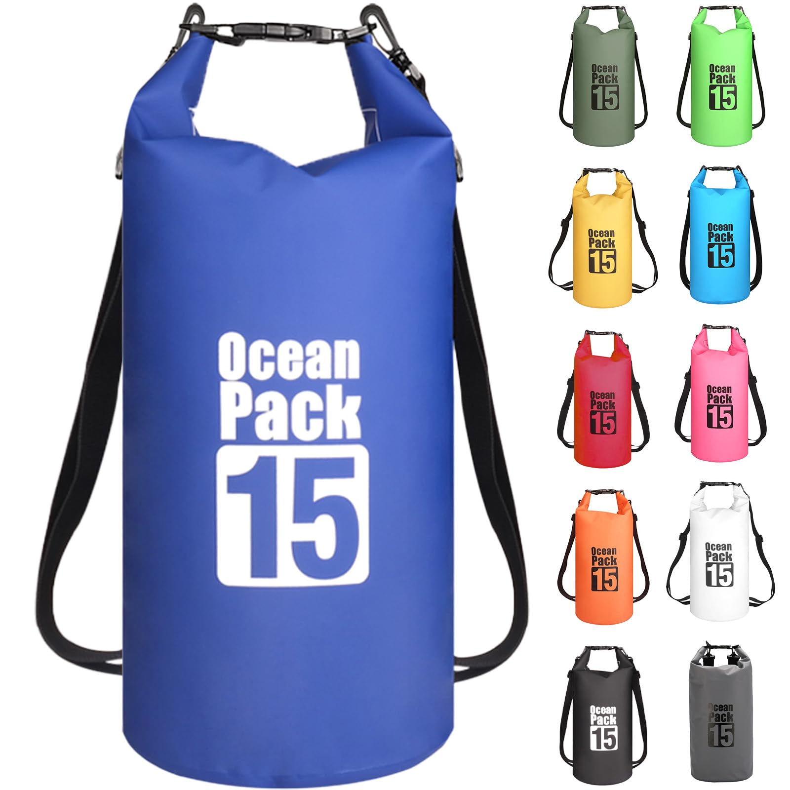 MORAINJAY 15L Blue Dry Bag,Waterproof Bag with Double Adjustable Shoulder Strap,Middle Capacity Dry Sack 2L 5L 10L 15L 20L 30L for Outdoor Camping,Rafting,Swimming,Boating,Surfing