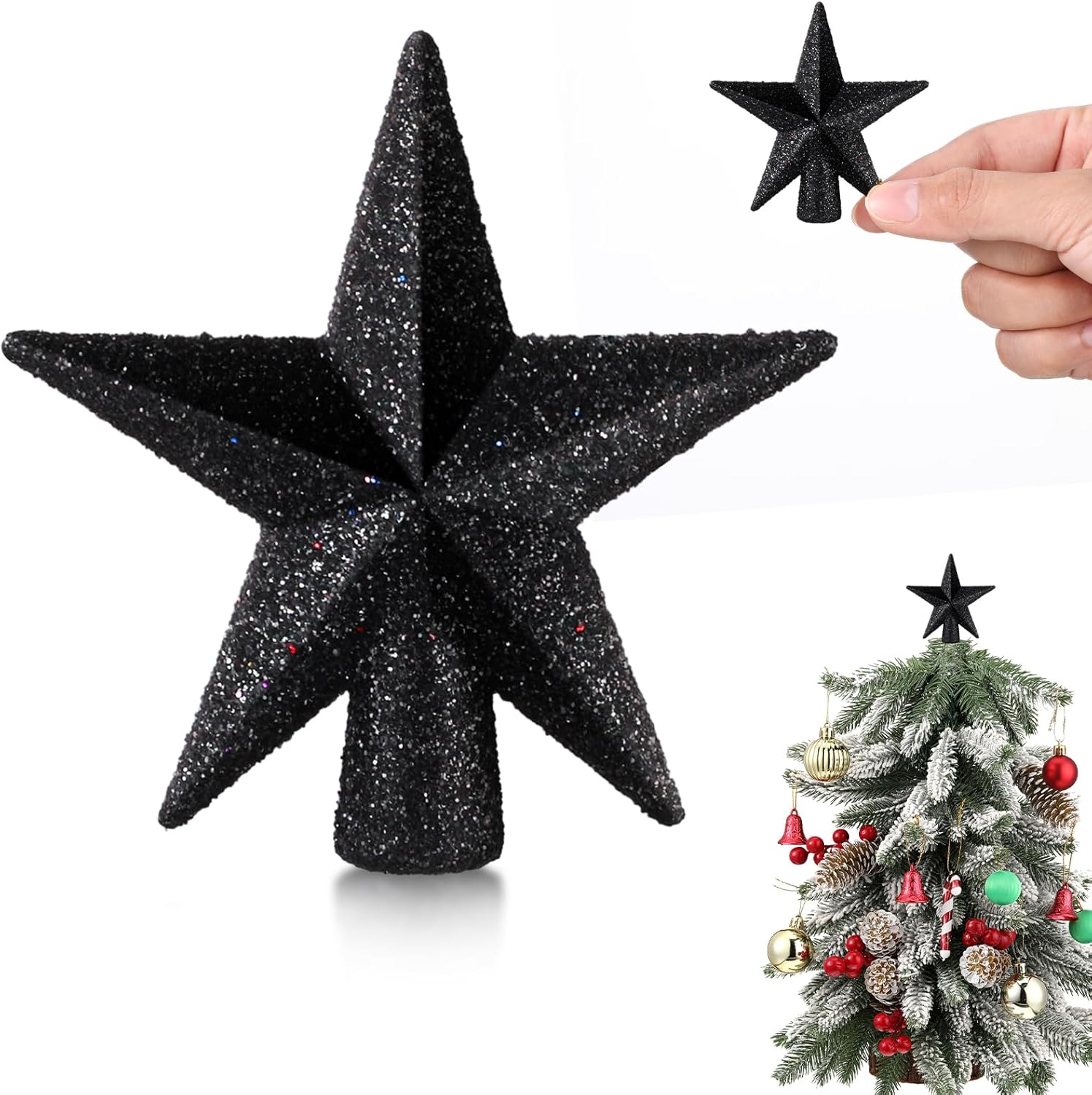 Tree Toppers - Hanaive Mini Christmas Tree Topper Small Christmas Star Mini Christmas Tree Star Topper for Xmas Party Holiday Home Decor (Glitter Black,2.36 Inch)
