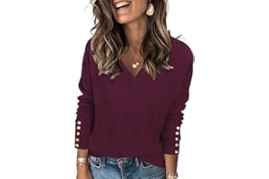 AKEWEI Womens V Neck Sweaters Long Sleeve Lightweight Knit Pullover Tops with Decorative Buttons