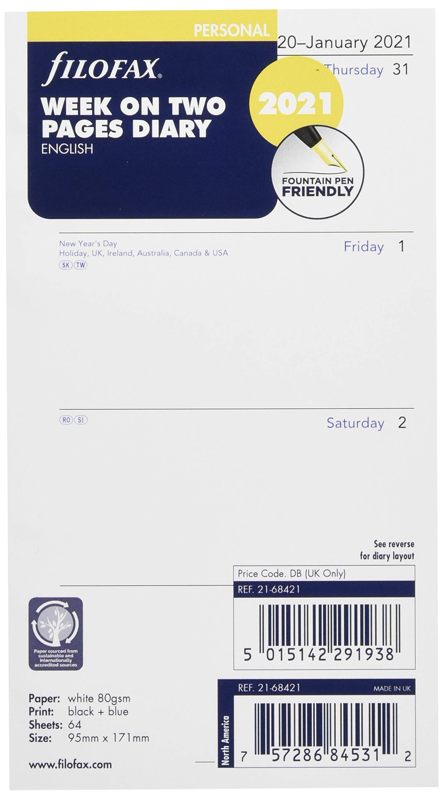 Filofax Personal Week on two pages English Monday start 2021 diary