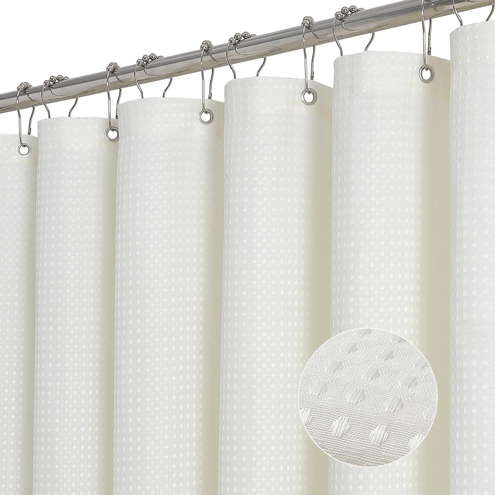 ROLIZOE Cream Shower Curtain - 256GSM Luxury Weighted Waffle Textured Heavy Duty Thick Fabric Shower Curtains with Stainless Steel Hooks for Bathroom, Superior Water Resistant, 183W x 183H, Cream
