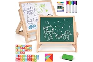 AGIRLGLE Kids Art Easel with Double-Sided Blackboard and Whiteboard, Wooden Tabletop Easel with Magnetic Letters & Numbers, Foldable Art Board - Educational Drawing & Learning Board for Toddlers & Children