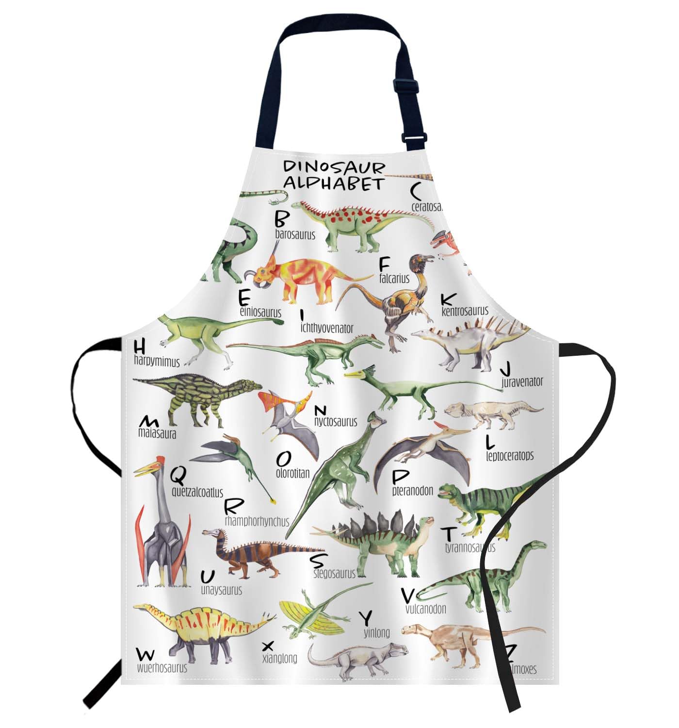 Smooffly Watercolor Dinosaur Alphabet Apron - Chefs Apron for Men & Women, Kitchen & BBQ Bibs