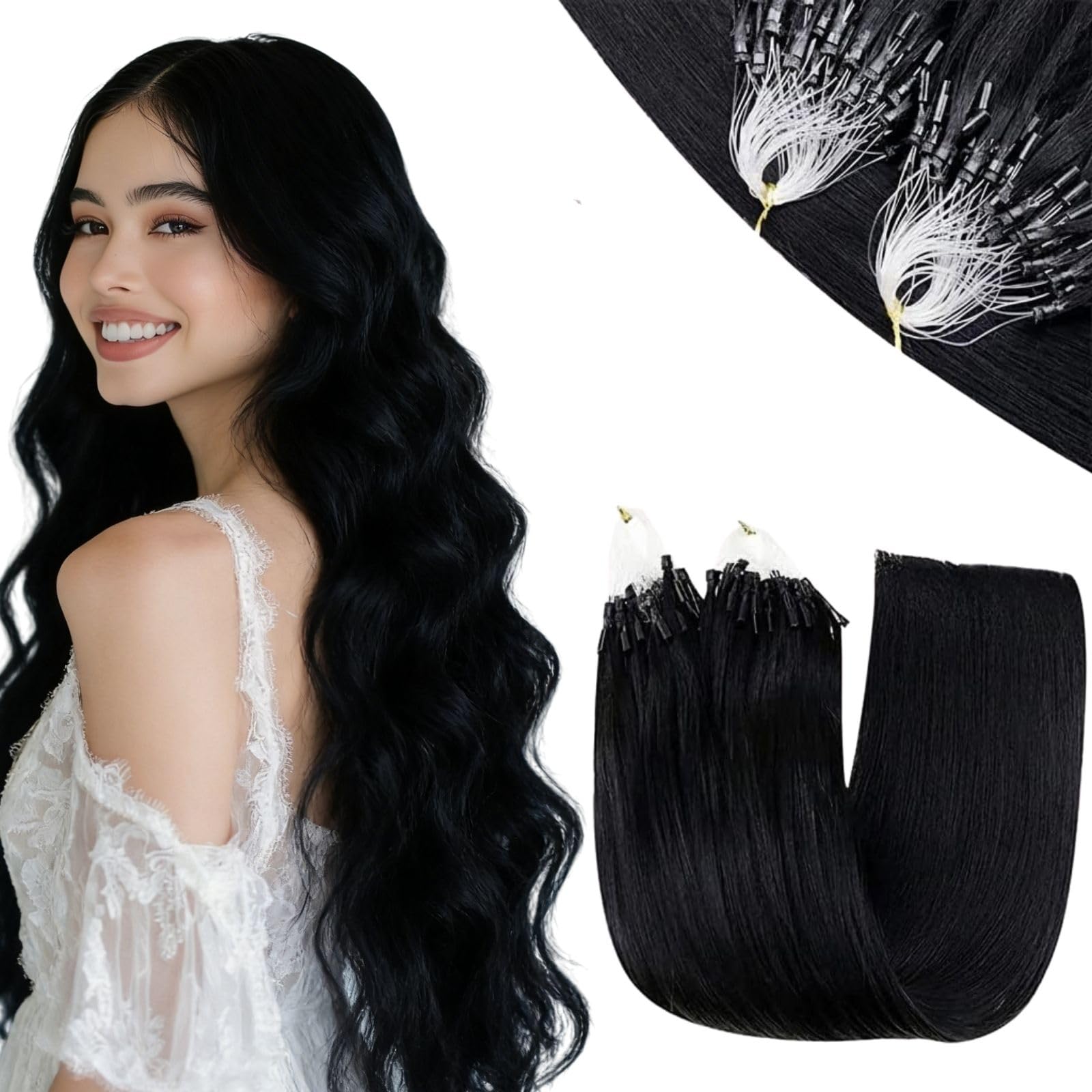 RUNATURE Micro Loop Hair Extensions Real Human Hair Jet Black Micro Hair Extensions Natural Looking Cold Fusion Remy Straight Black Micro Beads Hair 16inch 50s 50g #1 — image 1