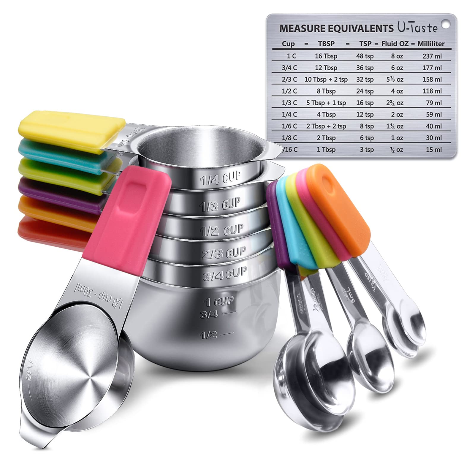 Photo 1 of Measuring Cups, U-Taste Magnetic Measuring Cups and Spoons Set of 13 in 18/8 Stainless Steel: 7 Measuring Cups and 5 Measuring Spoons with 1 Professional Magnetic Measurement Conversion Chart