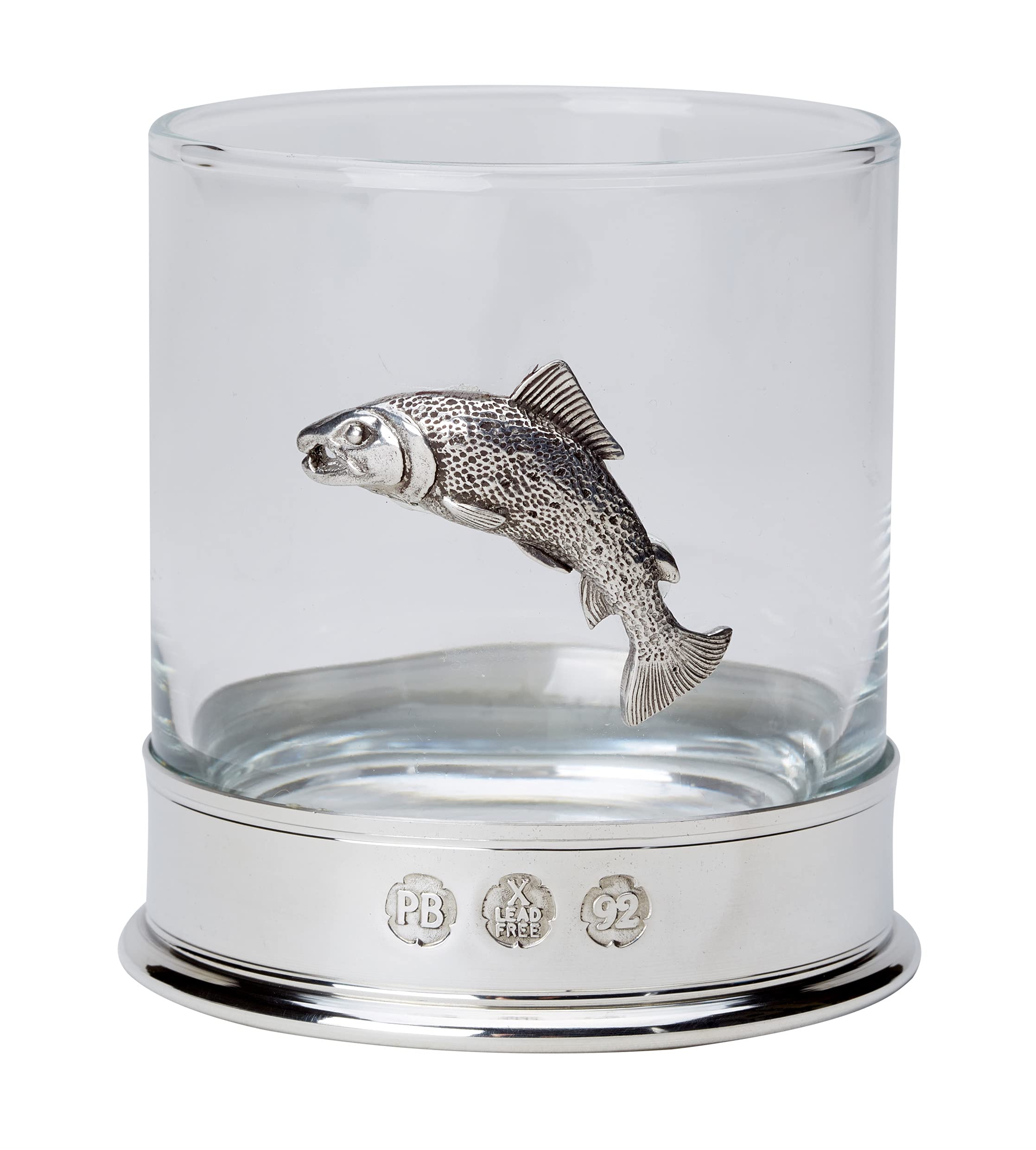 Farm Cottage Brands Lead Free pewterware Mounted 12oz Whisky Glass with a Salmon Leaping Emblem in a Presentation Box of 1, 2 or 4 Glasses (1)