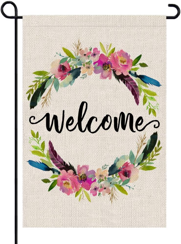 PARTY BUZZ Spring Summer Welcome Garden Flag with Wildflower and Bird Feather Patterns, Small Mini Yard Patio Lawn Decorative Flag (12 x 18, Double Sided)