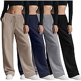 Velvelhall 4 Pack Women's Wide Leg Sweatpants, Baggy Straight Elastic Waist Drawstring Multipack Lounge Trousers with Pockets