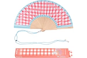 Fisura - Original Folding fan with Vichy Print. Wooden handheld fan for women. Red Design for raves, festivals, weedings. Hanger included. Size: 16.7 x 9 inches
