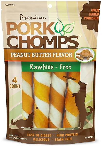 PORK CHOMPS BAKED PORK SKIN DOG CHEWS, 6 INCH TWISTS, 4 COUNT – PEANUT BUTTER WRAP – LONG-LASTING TREATS FOR DOGS – HIGH PROTEIN, RAWHIDE-FREE, LOW FAT, HEALTHY & DELICIOUS CHEWS