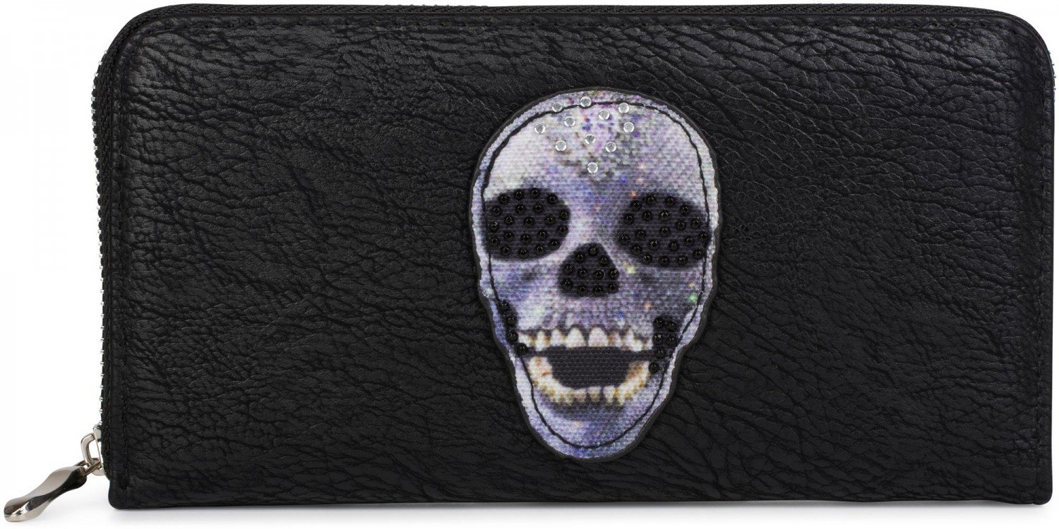 styleBREAKER Wallet with Skull and Crossbones Applique and Rhinestones, All-Around Zip, Women 02040053, Color:Black