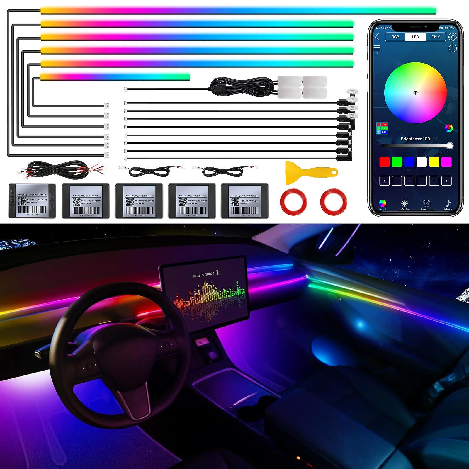 Photo 1 of Dreamcolor Acrylic Interior Car LED Strip Light with Wireless APP, RGB 18 in 1 with 175 inches 593 LEDs Fiber Optic Strip Lights for Car, Dynamic Chasing Music Sync Neon Car Ambient Lighting Kits