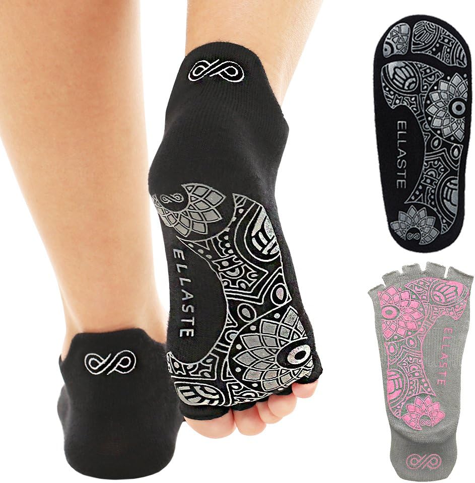 Ellaste Yoga Socks - Non Slip Grippy Socks for Yoga, Pilates, and Barre - Open Toe Style with Anti Skid Grip (Black)