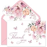Whaline 24 Pack Wildflower Thank You Cards Pink Purple Flower Butterfly Blank Note Cards with Envelopes Stickers Floral Greeting Cards for Baby in Bloom Wedding Birthday Baby Shower