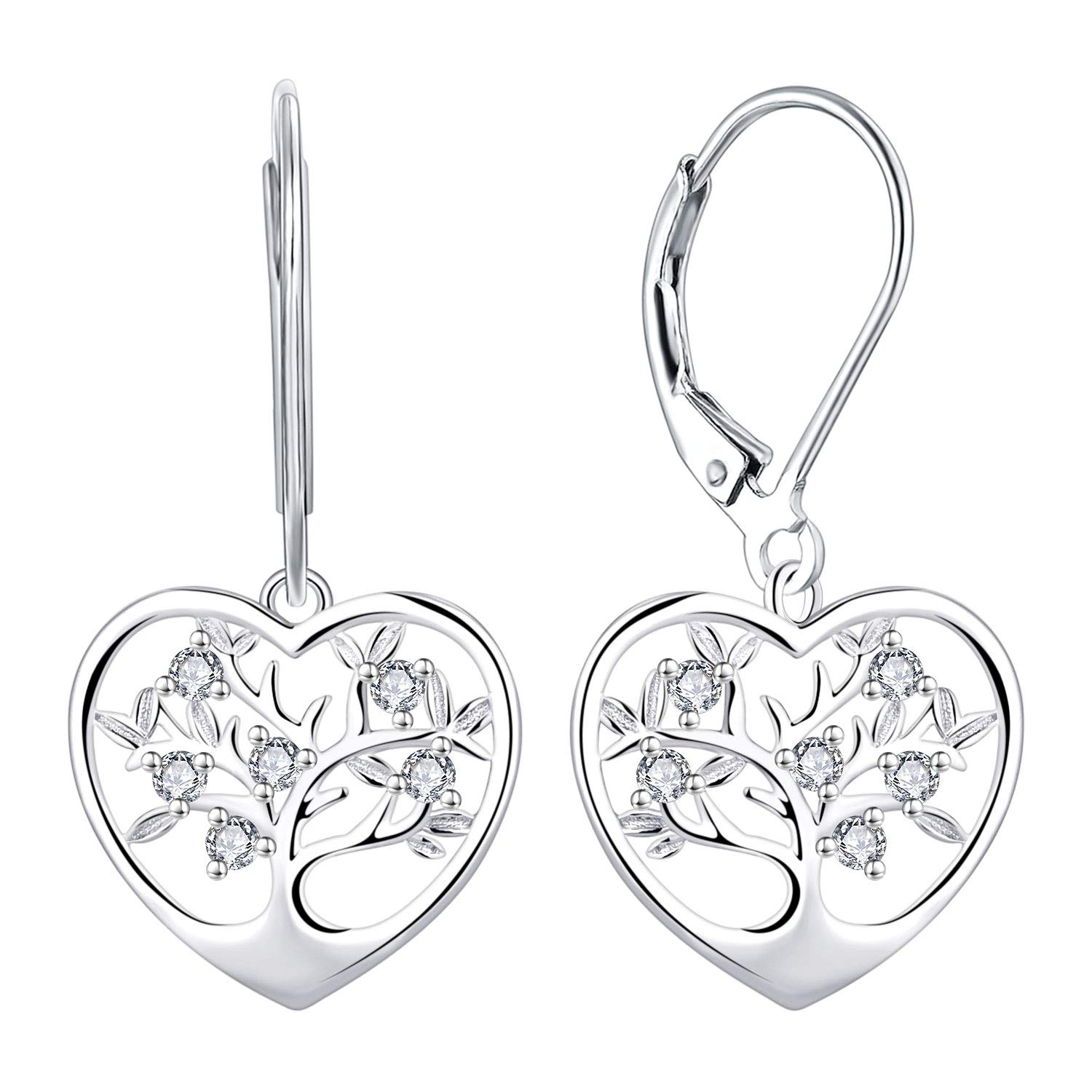 JO WISDOM Women Earrings,925 Sterling Silver Family Heart Tree of Life Leverback Drop & Dangle Earrings