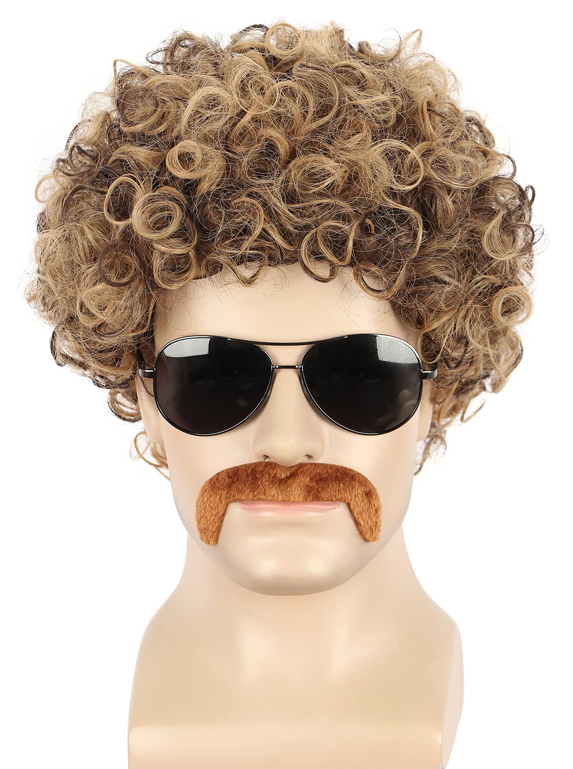 Yuehong Men Short Curly Brown Afro Wig 70s 80s Disco Hair with Mustache Set Heat Resistant Synthetic Fibers Soft Breathable Wig