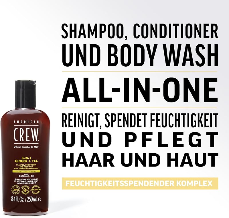 – 3-in-1 Ginger & Tea Shampoo, Conditioner & Body Wash, 250ml, Pflegeshampoo und Duschgel für Männer, Produkt für die tägliche Reinigung von Körper und Haar