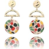 Handmade Geometric Dangle Earrings for Women Colorful Round Polymer Clay Long Drop Earrings 18K Gold Plated Stainless Steel Jewelry Gift