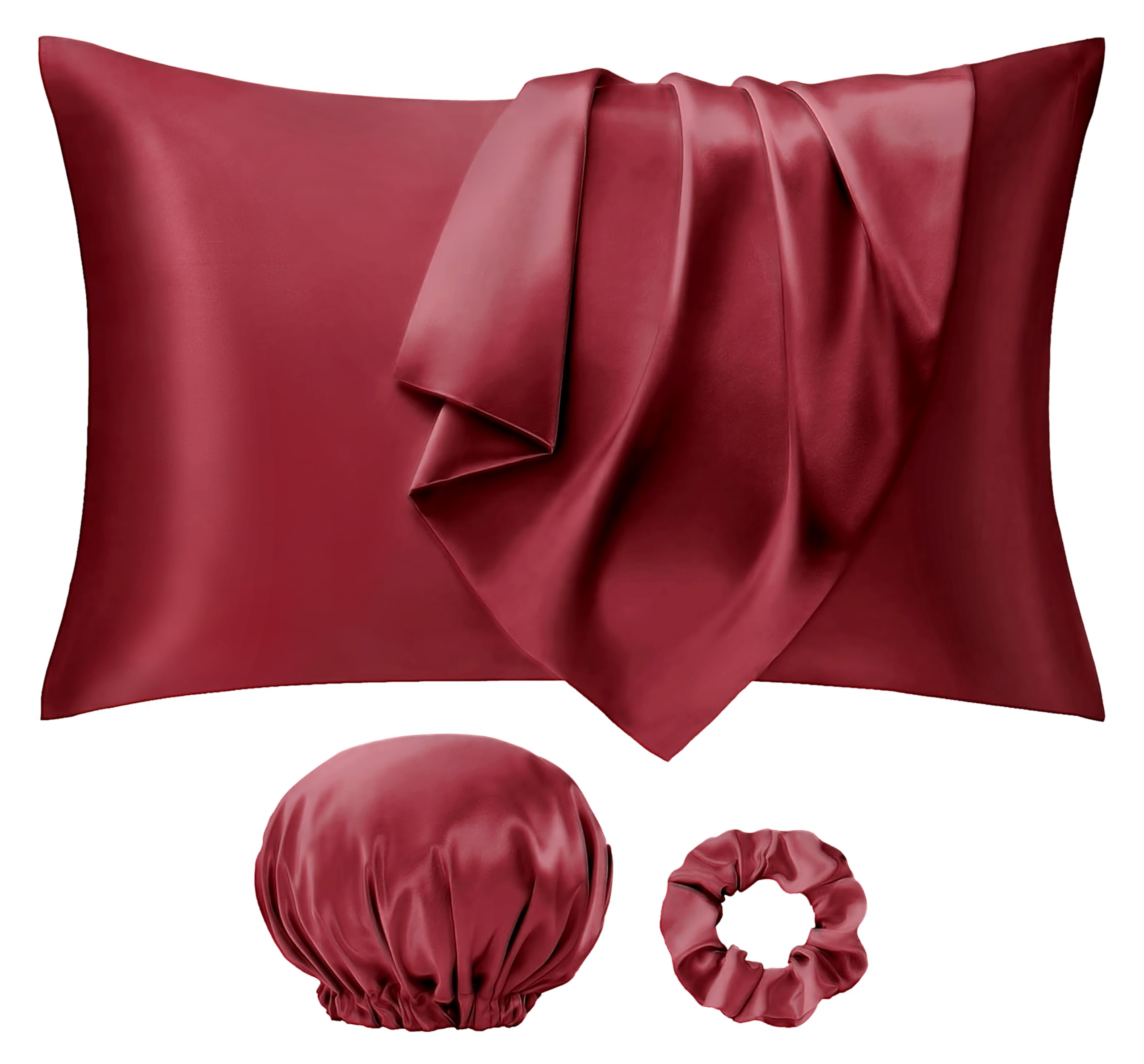 Seiwohl Satin Pillowcases for Hair and Skin 2 Pack & Satin Hair Scrunchie and Bonnet Set, Silky Pillow Cases with Envelope Closure, Burgundy, Standard Size 50x75 cm