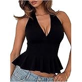 SOLY HUX Women's Halter V Neck Peplum Tops Wrap Tie Backless Sleeveless Ruffle Hem Going Out Tank Top
