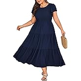 KIMCURVY Women's Plus Size Summer Casual Dress Crew Neck Flutter Short Sleeve Smocked Tiered Maxi Dress with Pockets