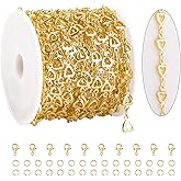 KYUNHOO 13 Feet Hollow Heart Chain for Jewelry Making 18K Gold Plated Brass Jewelry Chains Bulk with Lobster Clasps Jump Rings for Crafting Supplies
