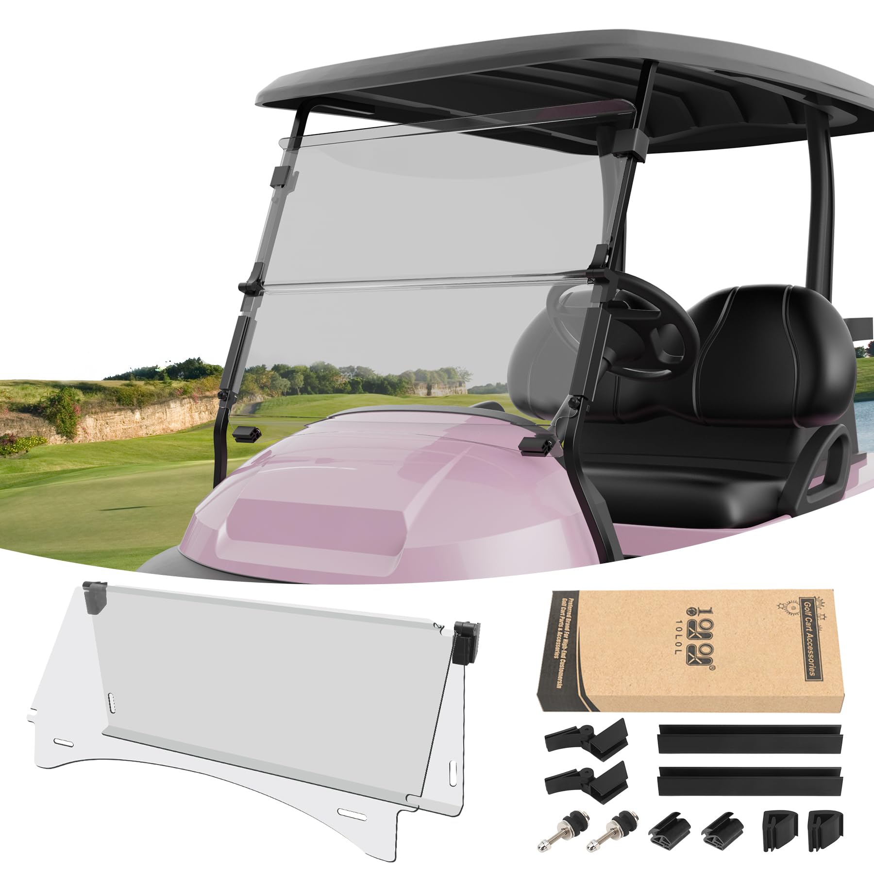 Photo 1 of 10L0L Foldable Golf Cart Windshield for Club Car Precedent 2004-Up, Tempo & Onward 2017-Up Models, UV-Proof & Impact Resistant, Lightweight Golf Cart Windshield, 37.5" W X 33.6" H-Clear