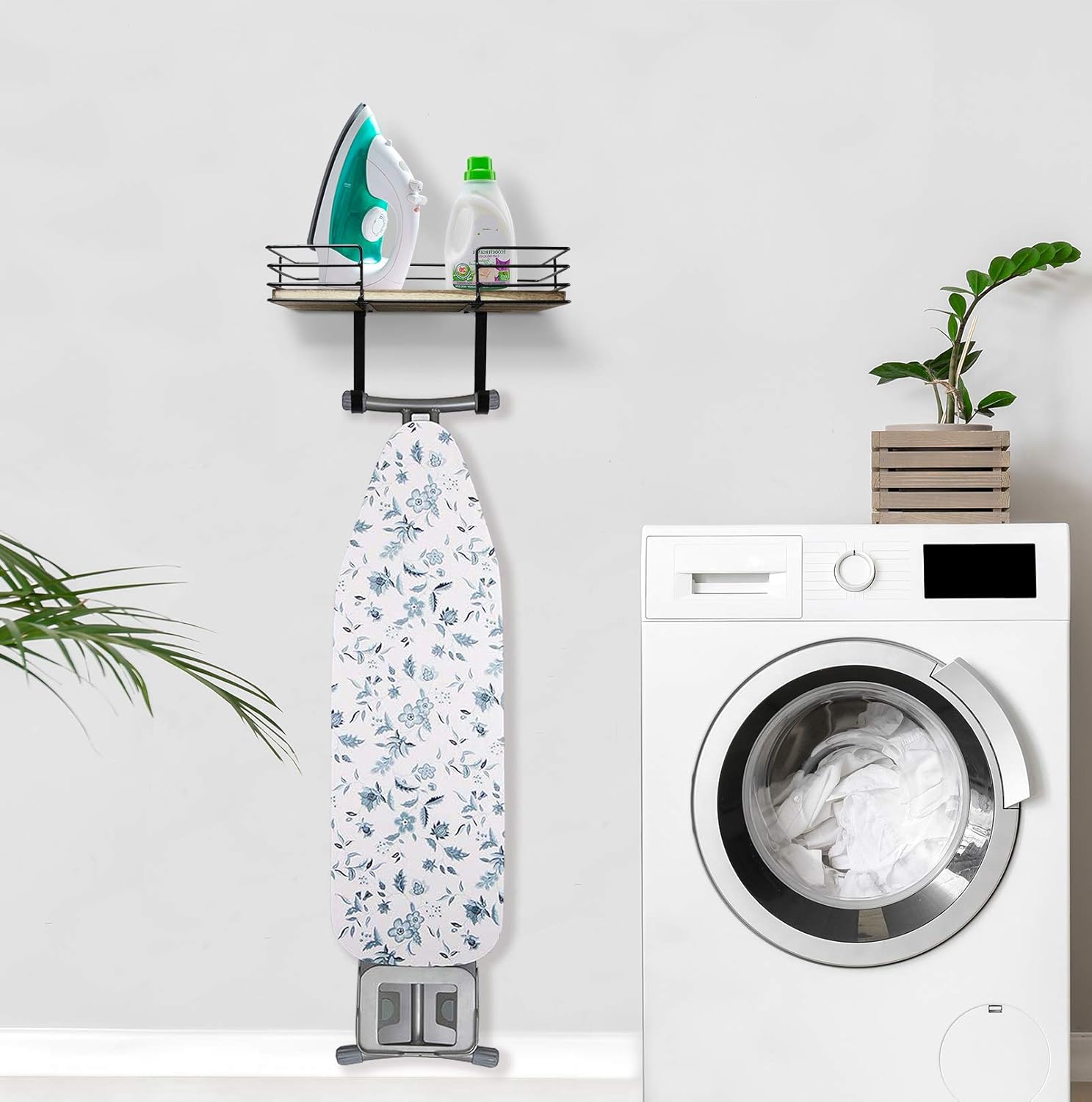 Ironing Board Hanger Wall Mounted, Iron and Ironing Board Holder with Large Storage, Metal Wall Mount with Wooden Base Storage Basket and Removable Hooks for Laundry Room: Home & Kitchen