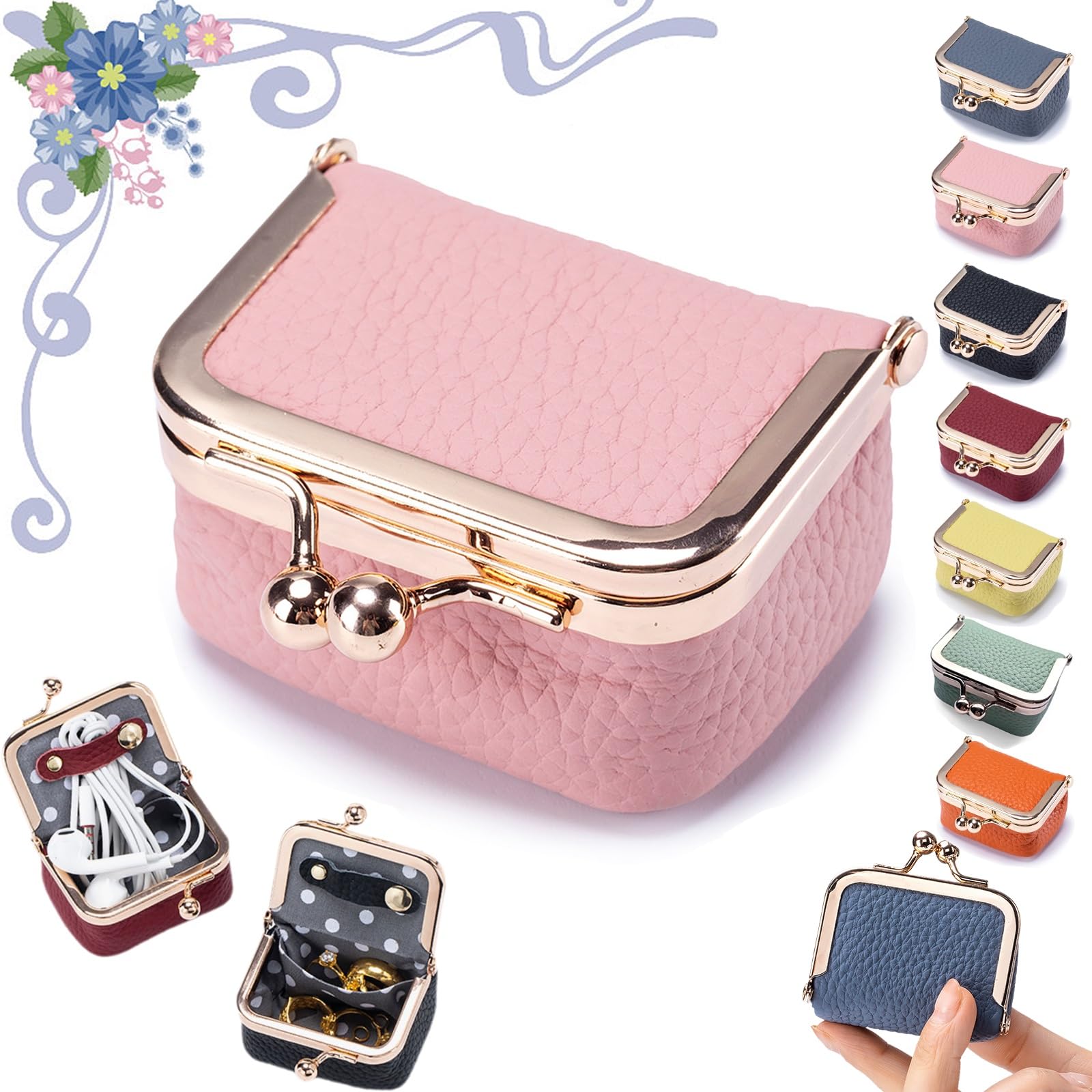 Photo 1 of *MINOR DAMAGE - USED*
Genuine Leather Mini Jewelry Box, Portable Vintage-Inspired Genuine Leather Coin Purse Jewelry Case with Kiss Lock, Mini Travel Ring Box for Women for Earring/Ring/Necklace/Bracelet(Pink)