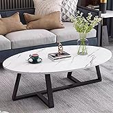 Wolawu Coffee Table Small Oval Table,White Faux Marble Table for Living Room, Modern Center Tea Tables for Small Space,Wooden Tables End Tables with Sturdy Black Metal Leg