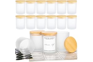 Creahaus 10oz, 16 Pack Thick Candle Jars with Bamboo Lids for Making Candles, Bulk Frosted Empty Glass Candle Containers & Sticky Labels, Warming Labels Kit, Heat Resistant Candle Vessels