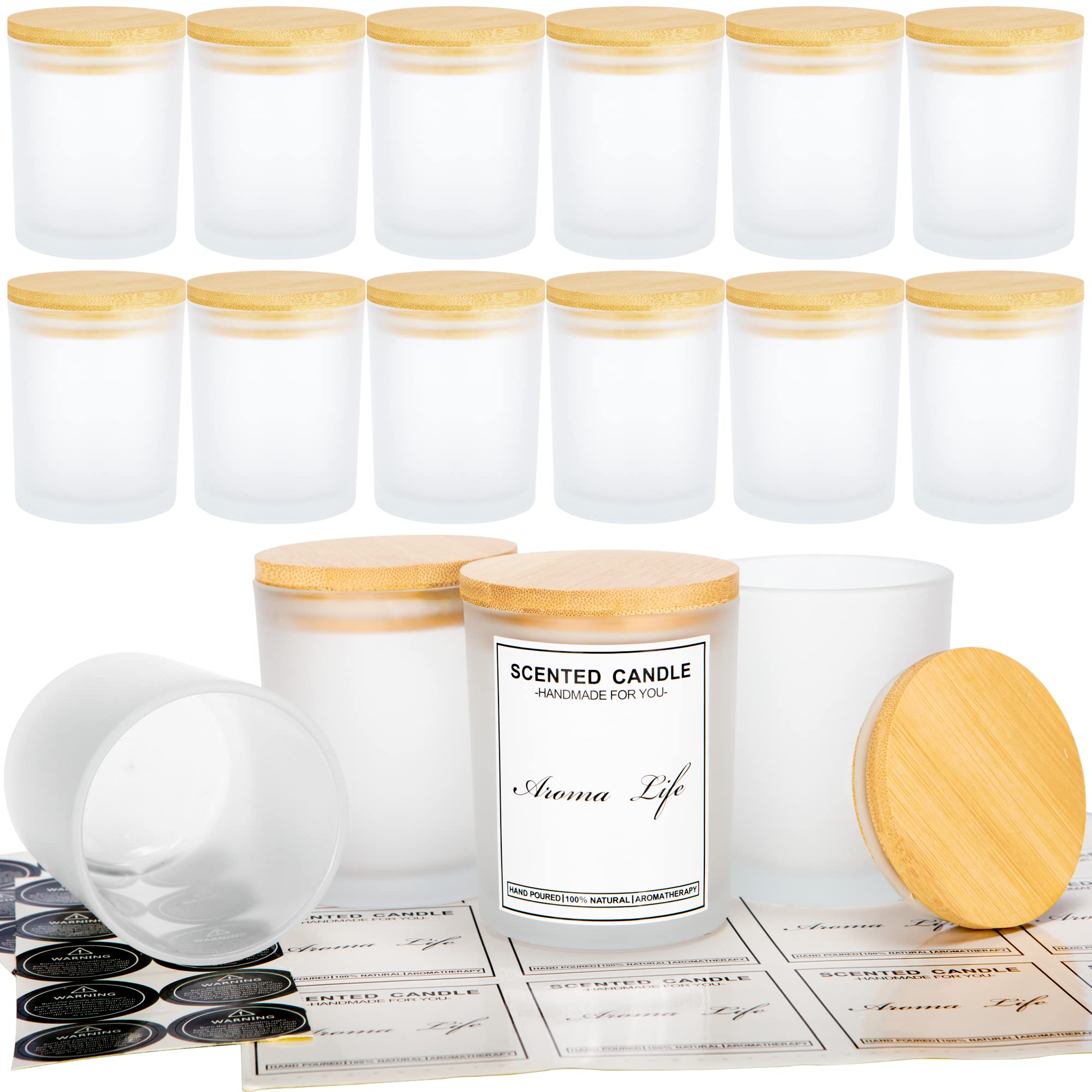 Photo 1 of Creahaus 10oz, 16 Pack Thick Candle Jars with Bamboo Lids for Making Candles, Bulk Frosted Empty Glass Candle Containers & Sticky Labels, Warming Labels Kit, Heat Resistant Candle Vessels