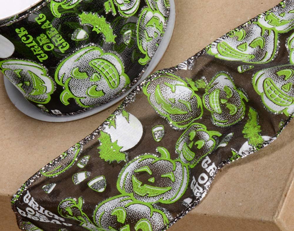 60mm Green & Black Pumpkin Organza Wired Ribbon for Halloween Crafts - 3m