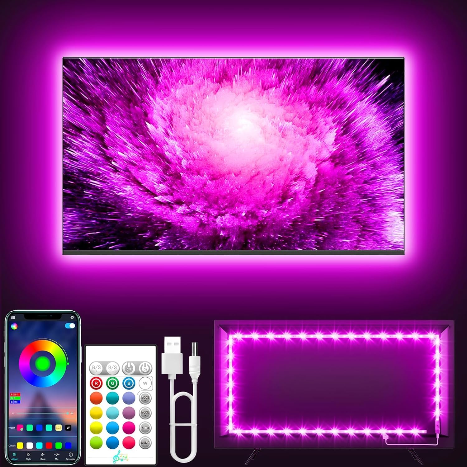 Tyute TV LED Lights, 5M LED Lights for 45-75 Inch TV Behind Lighting, RGB Color Changing TV Backlight with APP & Remote Control, Music Sync USB Strip Light for Bedroom Gaming Room Decor