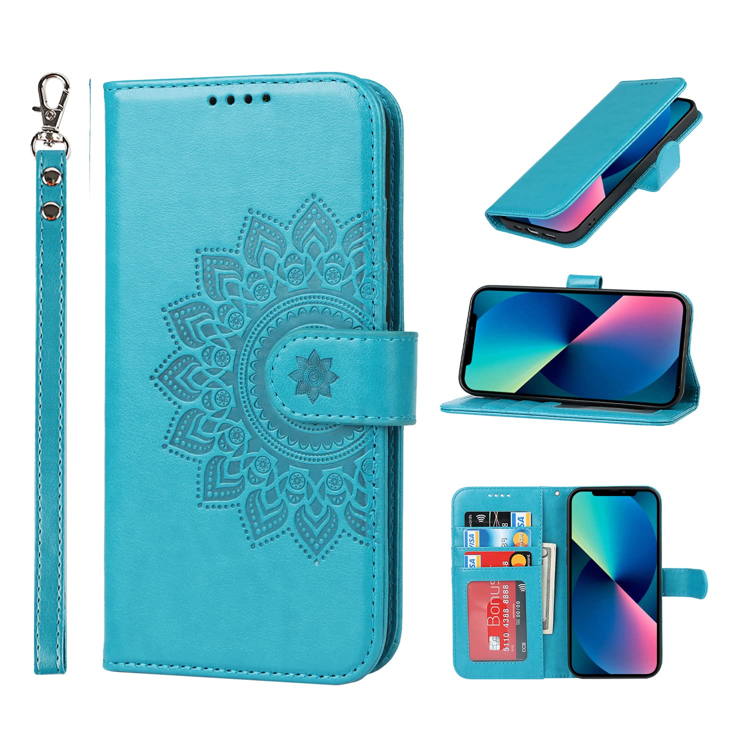 ELTEKER Wallet Case Compatible with iPhone 13 Pro with Card Holder Kickstand [TPU Shell], PU Leather Phone Cover- Blue