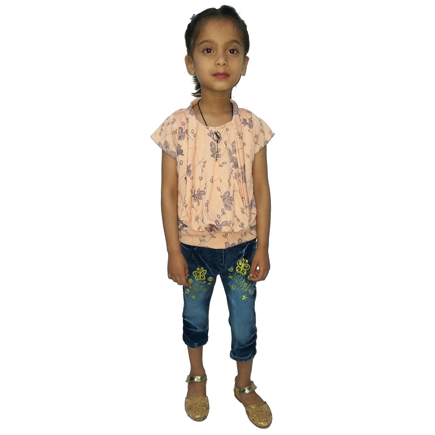 pink top and blue jeans