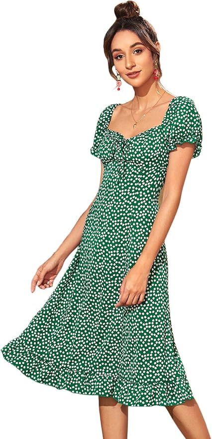 Floerns Women's Ditsy Floral Sweetheart Puff Sleeve A Line Midi Dress Green XS : Amazon.co.uk 