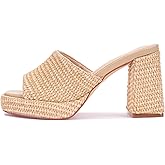 Monrovia Raffia Heeled Sandals for Women,Platform Wedge Slip On Block Heel, Dressy Summer Open Toe Chunky High Heel Vacation Beach Slides Sandals