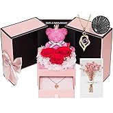 ADDWel Valentines Day Rose Gifts for Women, Preserved Eternal Roses Bear Gift Box with I Love You Necklace 100 Languages Romantic Forever Real Roses Gifts for Her Girlfriend Wife Mom Birthday Presents