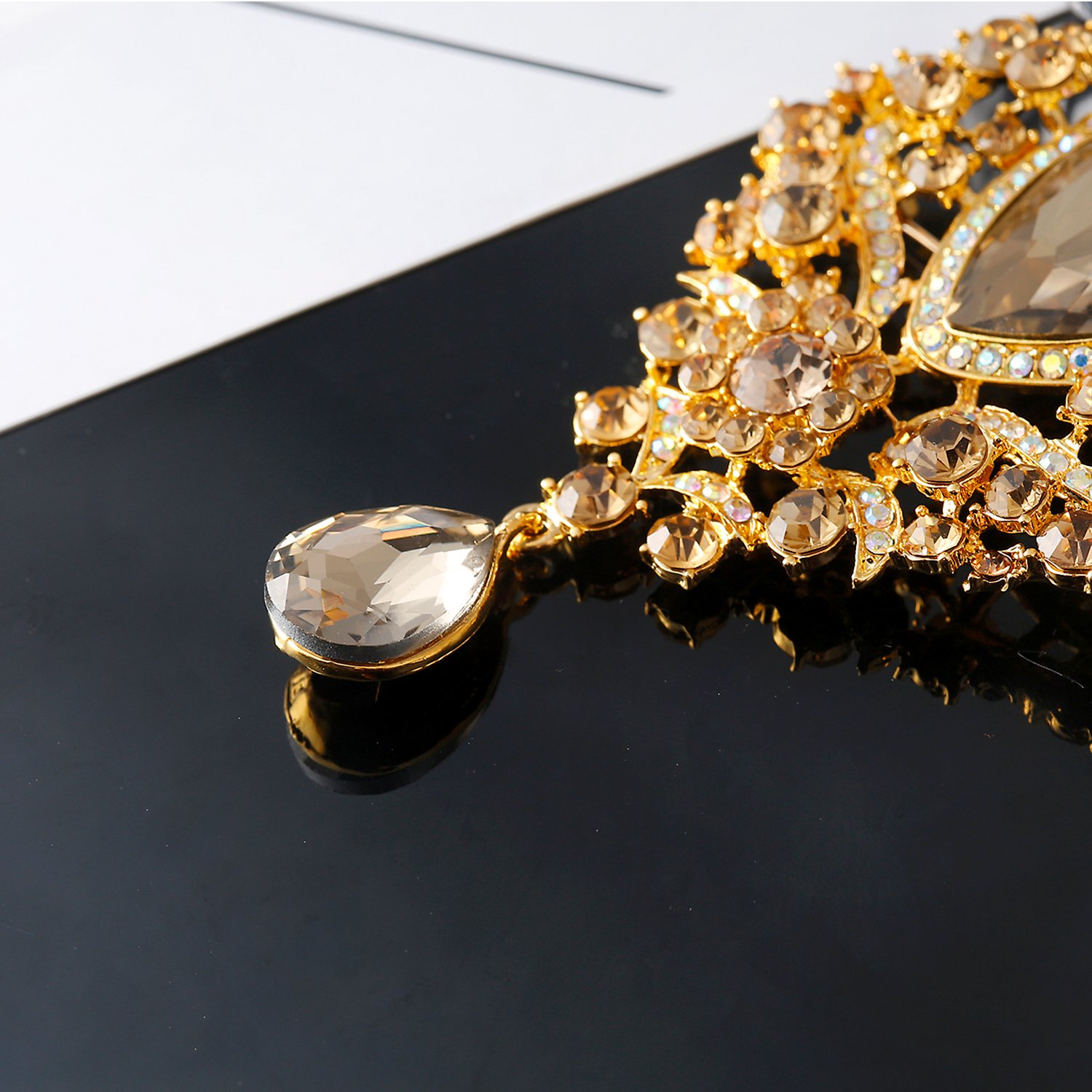 Elehere Crystal Brooch Pin - Large Wedding Dangling Rhinestone Brooch Bouquet DIY, Ceremony Decoration (Champagne Gold)