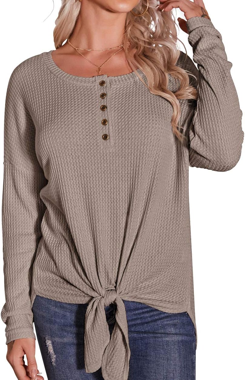 IWOLLENCE Womens Waffle Knit Tunic Button Up Shirts Tie Knot Front Tops Loose Pullover Blouses at  Women’s Clothing store