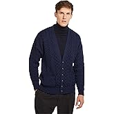 Aran Woollen Mills Men's Irish Cable Knit Cardigan Sweater, 100% Soft Merino Wool, V-Neck Buttoned with Pockets, Clare Island