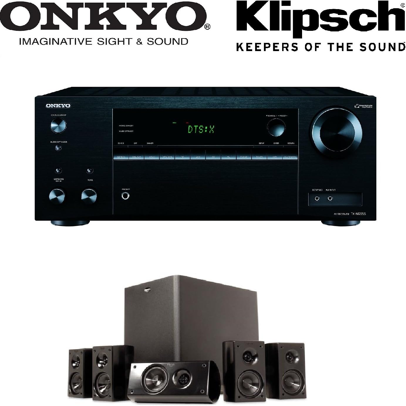 Onkyo TX-NR555 7.2-Channel Network A/V Receiver + Klipsch HD 300 Compact 5.1 High Definition Theater System (Set of Six, Black) Bundle