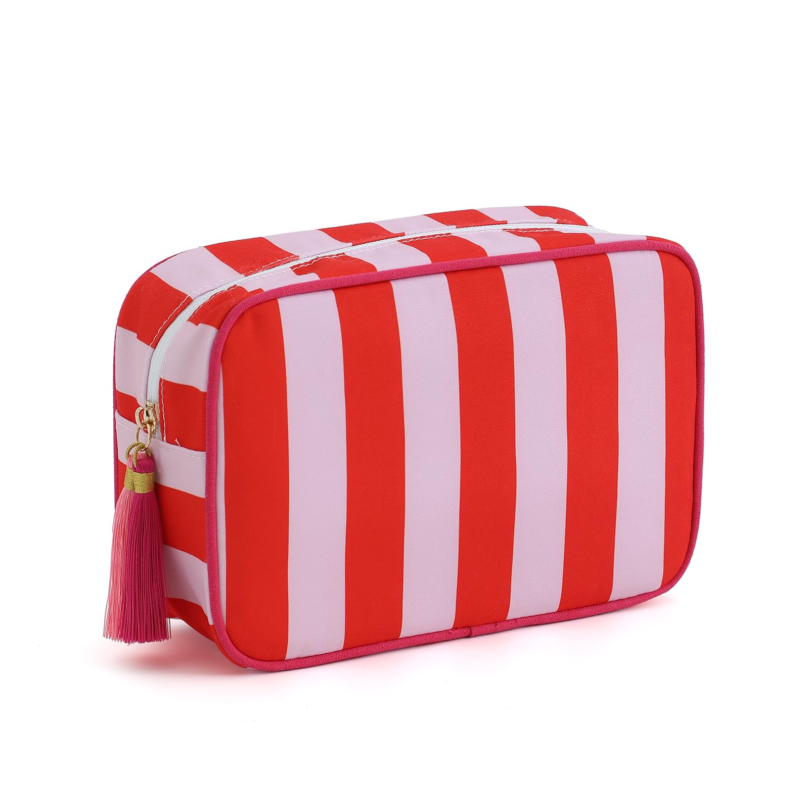 Photo 1 of EMBRUNIOICE Stripe Makeup Bag Travel Cosmetic Bag Organizer Tassel Toiletry Bag Large Canvas Zipper Pouch and Accessories Storage Bag for Women (Red with Pink)
