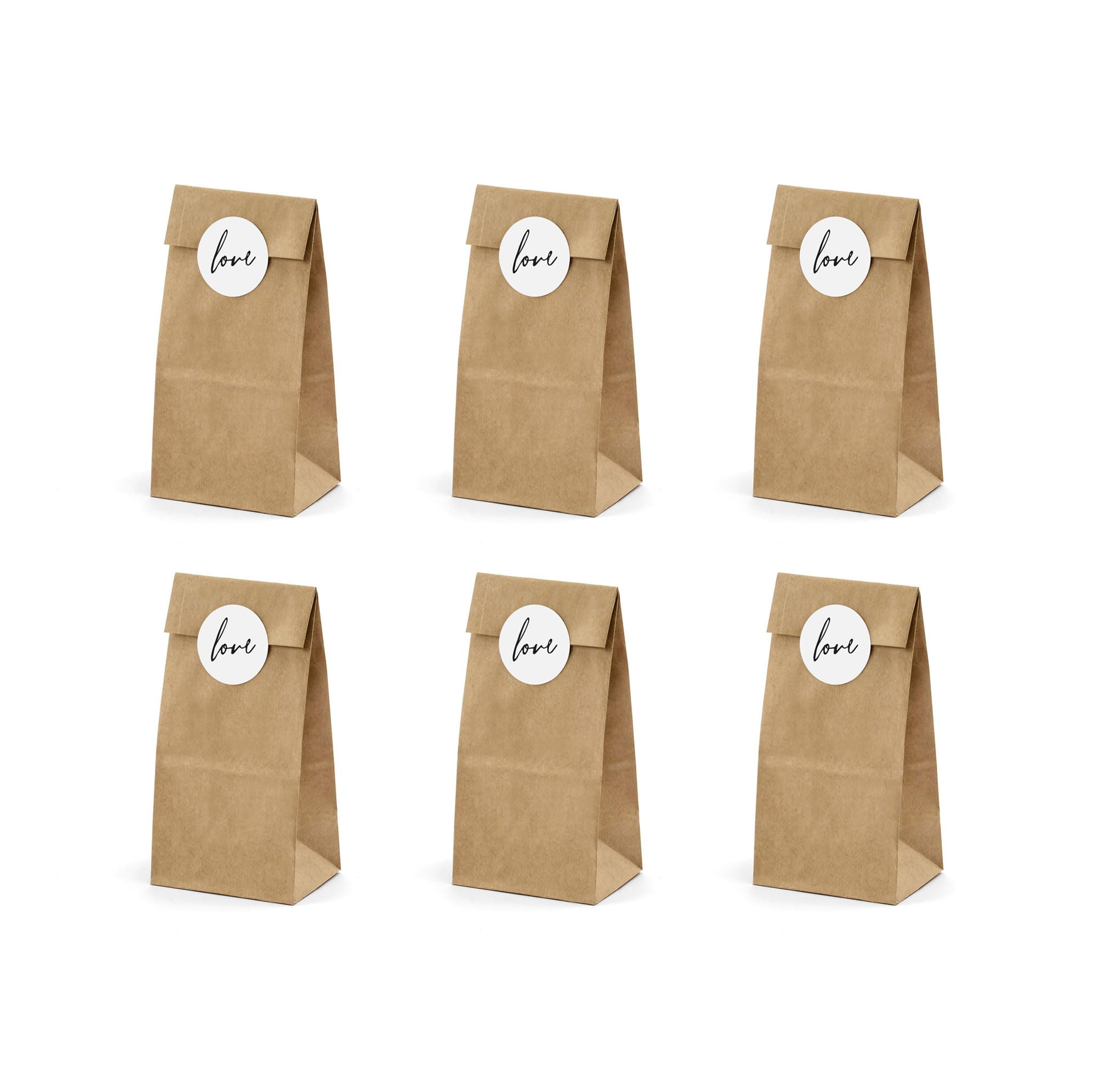 PartyDeco Conf. 6 Paper Bags with Love Sticker Brown TNS2-031