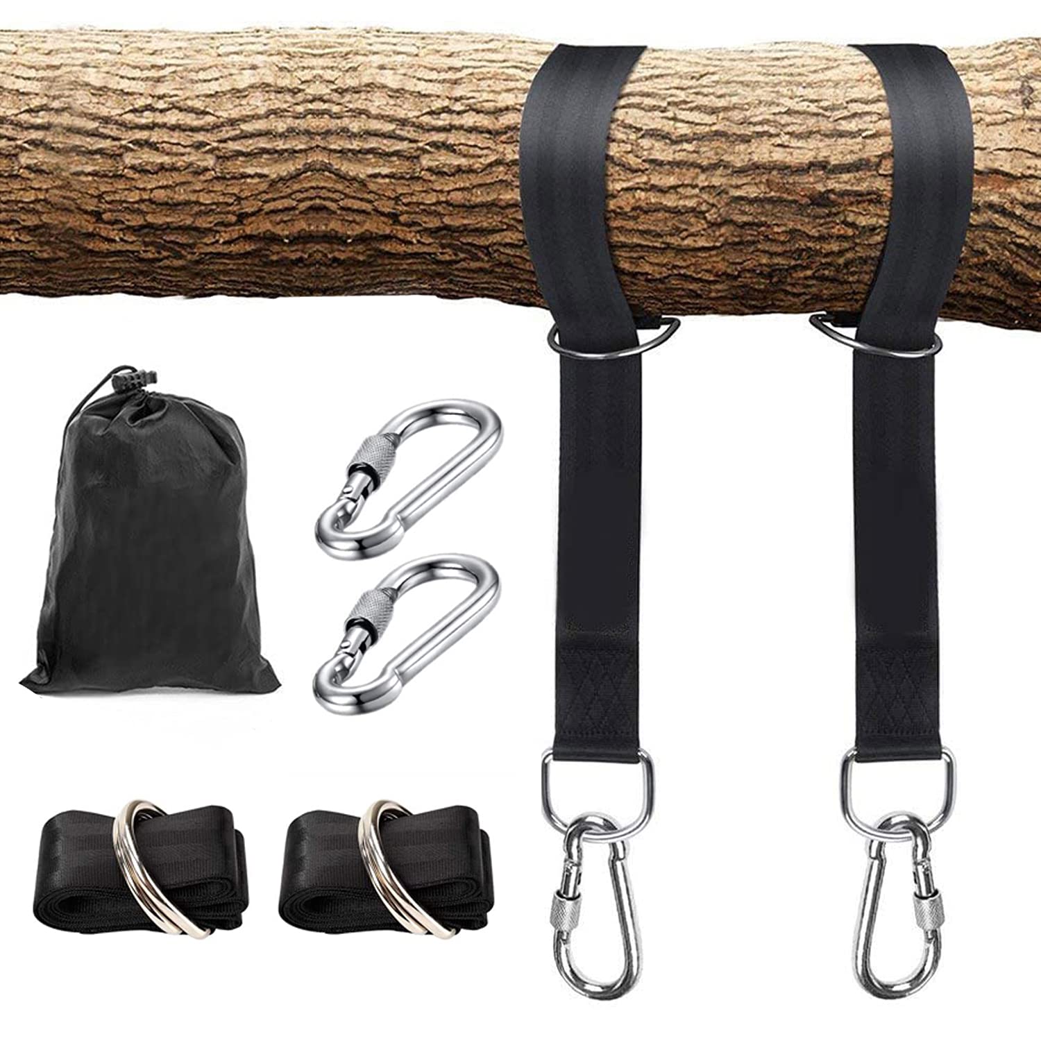 xocome 2 Pcs Tree Swing Hanging Straps,150cm Long Straps with 2 Heavy Duty Safety Lock Carabiner Hooks Holds Up to 800 kg, Polyester Straps Perfect for Garden,Swing,Tree Swing,Hammocks (Black)