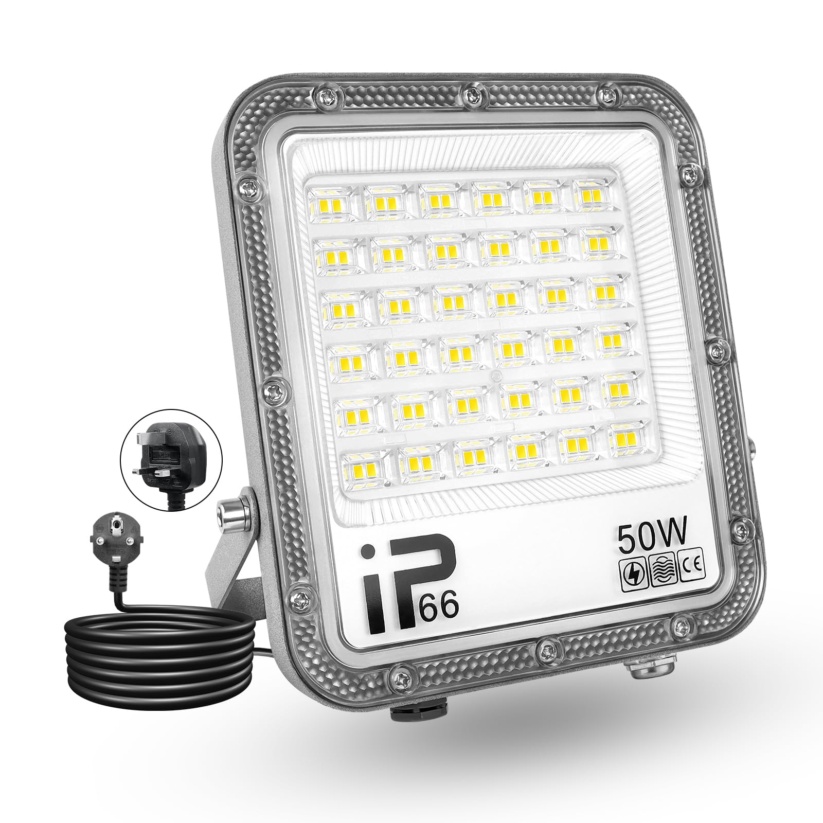 PICAA 50W LED Flood Light Outdoor,5000LM LED Work Light Cool White 6500K LED Security Light Waterproof IP65 Wall Light for Front Door, Warehouse, Parking Lot, Yard, Streets with Plug(1 Pack)