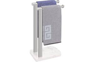 NearMoon Hand Towel Holder with Balanced Marble Base, SUS304 Stainless Steel Stand Towel Ring L Shape Hand Towel Rack Free-Standing Towel Bar for Bathroom Kitchen Countertop(Double Rod Brushed Nickel)