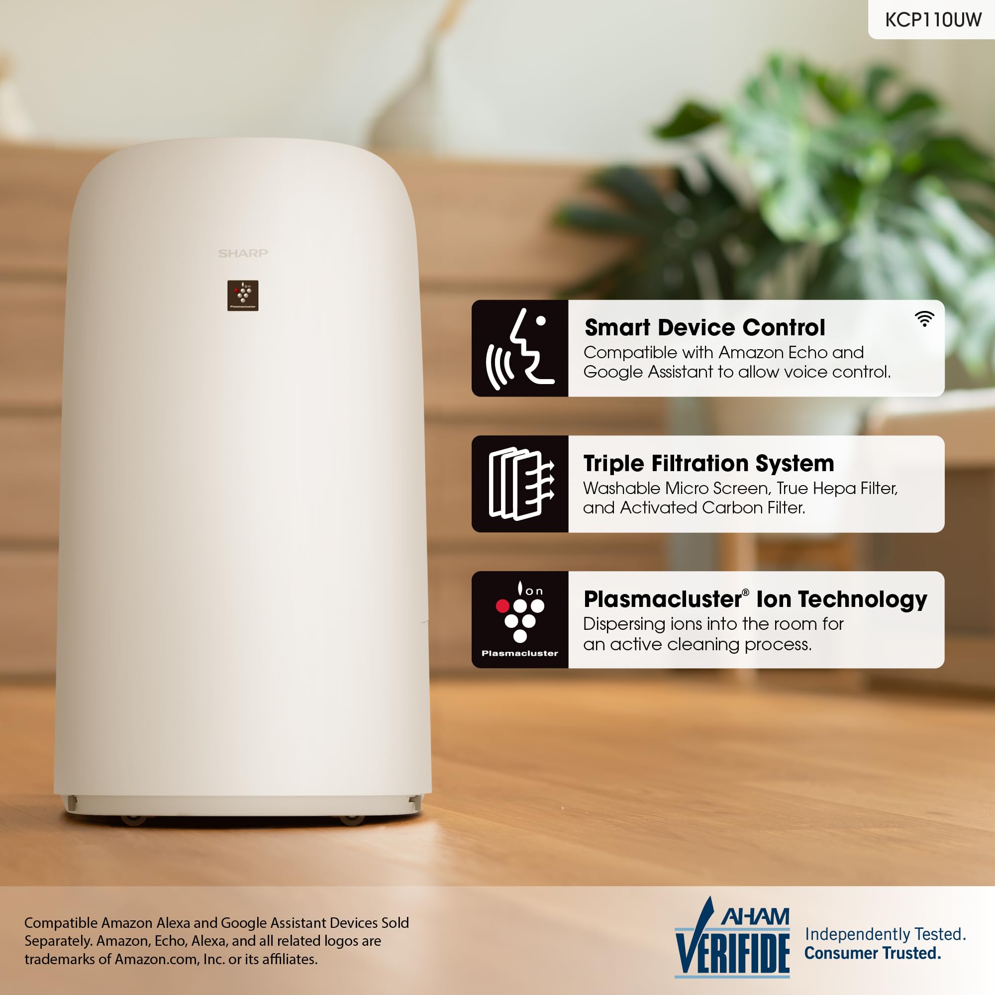 SHARP Smart Air Purifier and Humidifier compatible w/Alexa & Google Asst. Plasmacluster™ Ion Technology & Triple Filtration, incl True HEPA Filter. Covers up to 2,603 sq ft for XL Rooms. KCP110UW